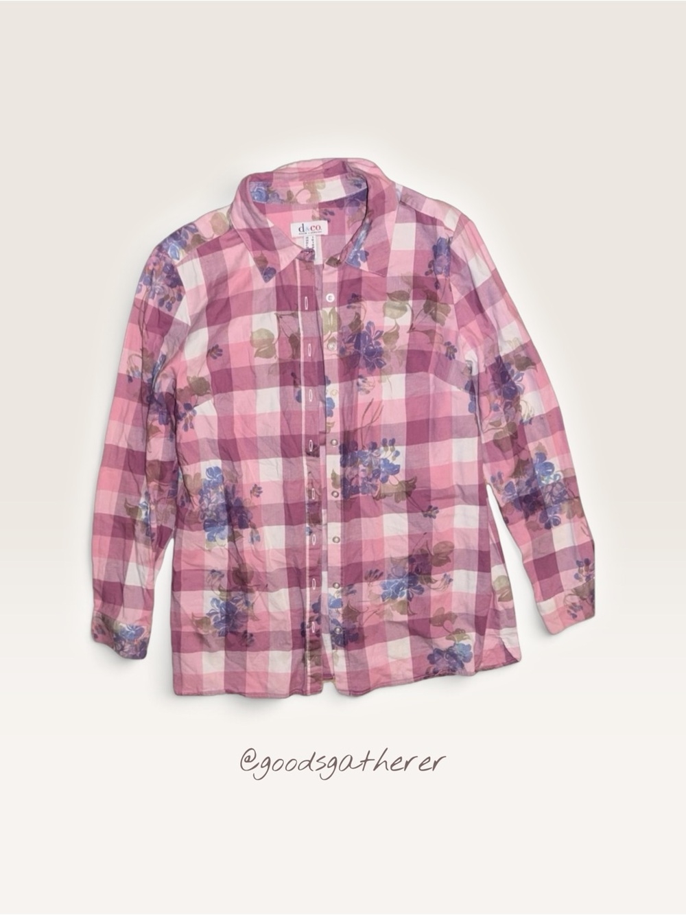 Denim & Co Womens S Pink Gingham Floral Button Down Shirt Cottagecore Cotton